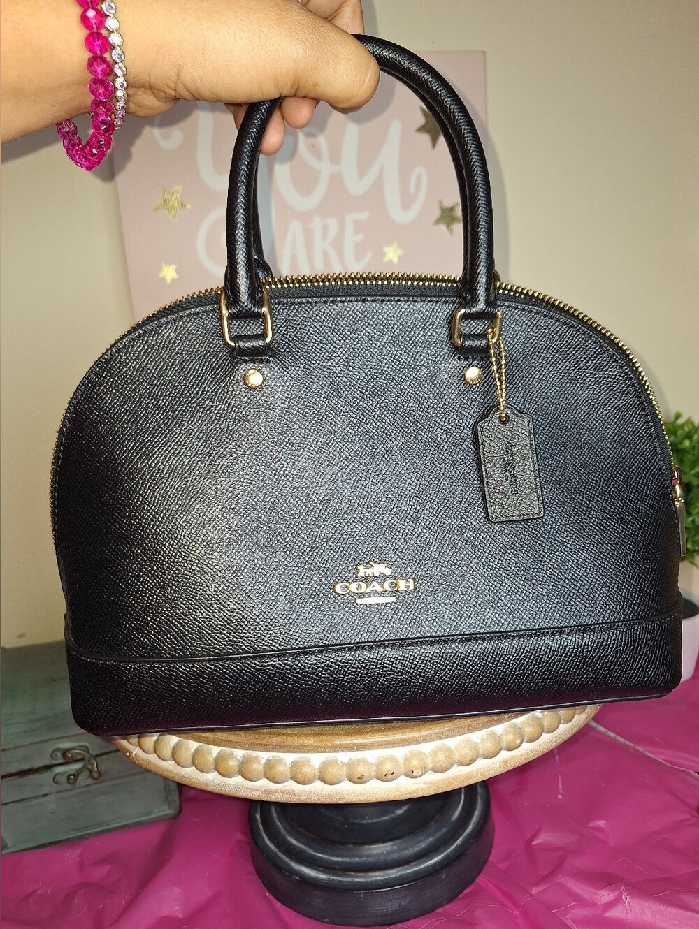 COACH Mini Sierra Satchel Bag Black Crossgrain Leather Dome F27591 EUC